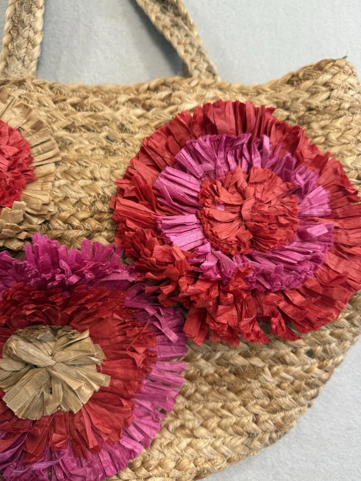 Bolso de Mano Chicos Yute 3D Flor Doble Asa Tejido Nuevo con Etiquetas Rosa Playa Crucero Vacaciones Foto 2 de 4