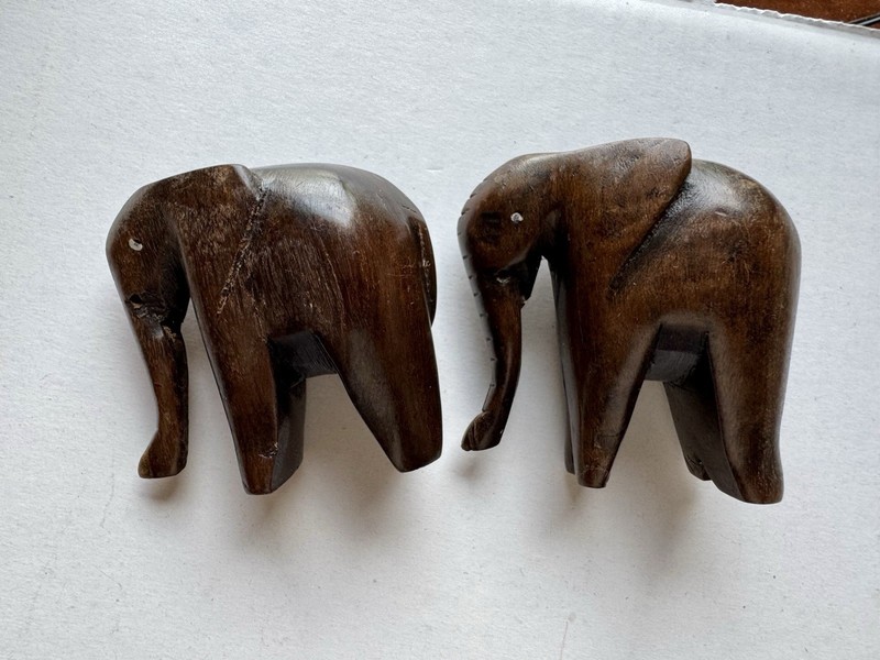 Pair of Vintage Dark Wood Elepants - Luck, Prosperity, Wisdom, Strength - 3 inch