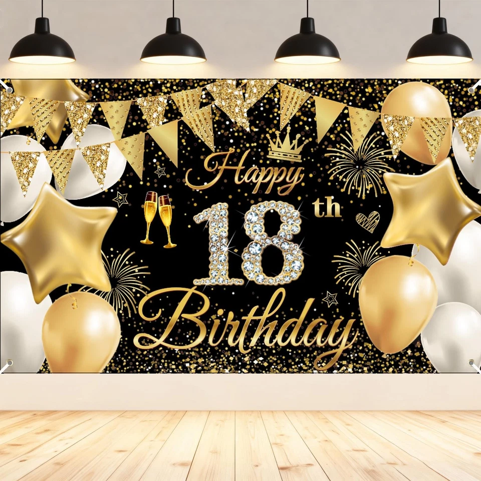 Bannière décorative d'anniversaire 18 ans pour garçons et filles, noir doré H... - Photo 1/4