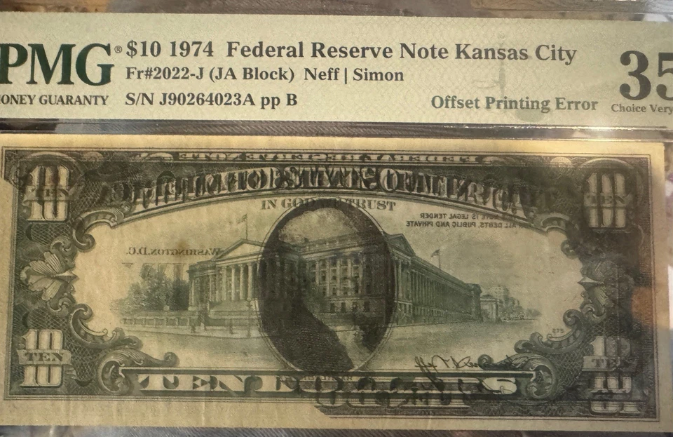 FR#2022-J $10.00 1974 F.R.N. Offset Printing Error ,PMG Authenticated - Image 2 of 4