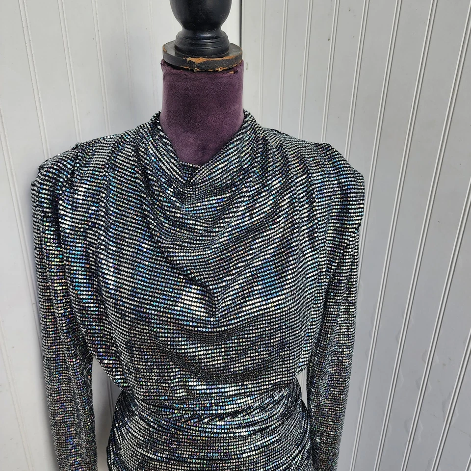 Vestido Bershka Mujer Edición Especial Lentejuelas Negro Plata Manga Larga Elastizado S Foto 3 de 4