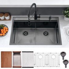 33x22 Black Double Bowl Drop In Kitchen Sink Workstation - 16 Gauge Stainless...