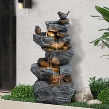 5-Tiers Cascading Rock Water Fountain Outdoor - Waterfalls Fountains with LED Li