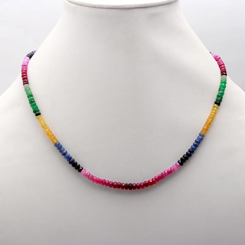 Collares de mujer con cuentas de piedras preciosas rondelle facetadas de zafiro multicolor de 3-4 mm 18" Foto 3 de 4