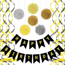 Black Happy Birthday Banner w/ 6 Tissue Pom Poms, 2 Gold Yellow Silver, Swirls