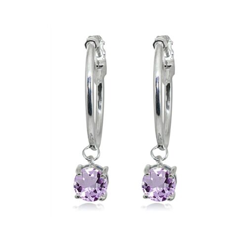Sterling Silver Round Hoop Earrings with Dangling Amethyst Gemstones - Picture 2 of 4