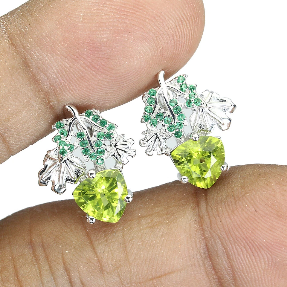 925 Sterling Silver Earrings Trilliant Peridot Simulated Cz Gemstone Jewelry - Image 2 of 4
