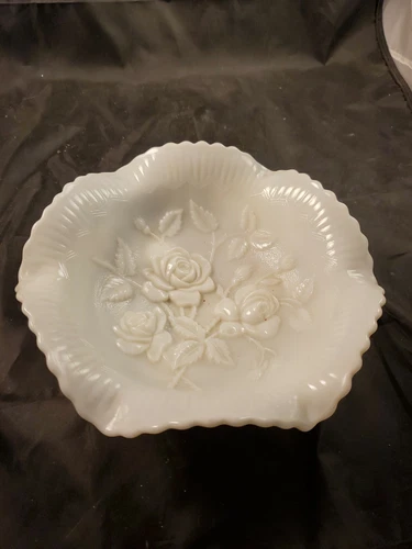 Vintage Imperial Glass Milk Glass Rose Pattern Footed Bowl