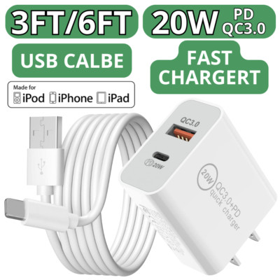 Fast Charger 20W PD QC3.0 Power Adapter Cube USB C Cable For iPhone 14 13 12 XR