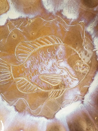 Artisan 16" X 3" Glazed Pottery Fish Motif Bowl "Bumblebee Mark" - Picture 2 of 9