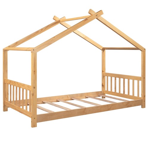 Twin Size House Platform Bed with Headboard and Footboard,Roof Design,Natural - Picture 7 of 10