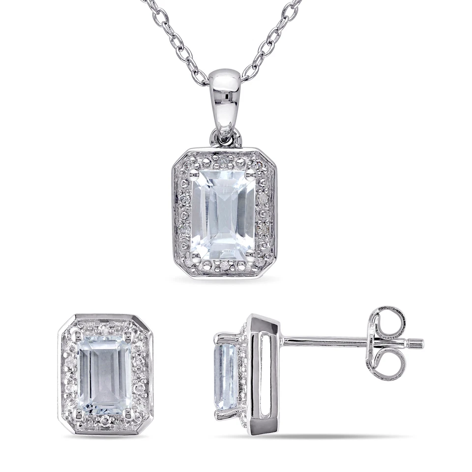 Amour Sterling Silver Aquamarine and Diamond Halo Stud Earrings and Necklace Set