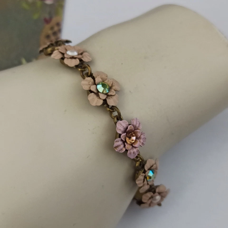 Michal Negrin Bracelet Pastel Pink/Peach/Beige Enamel Flowers Romantic Crystals - Image 3 of 4