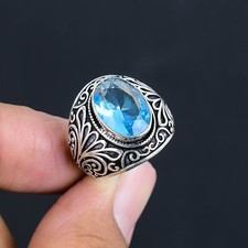 Swiss Blue Topaz Gemstone Handmade 925 Sterling Silver Jewelry Ring Size 7
