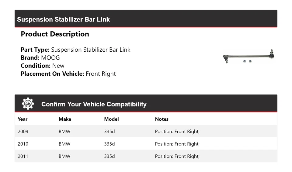 Barra estabilizadora de suspensión delantera derecha MOOG 2009 2010 BMW 335d 2009-2011 Foto 2 de 4