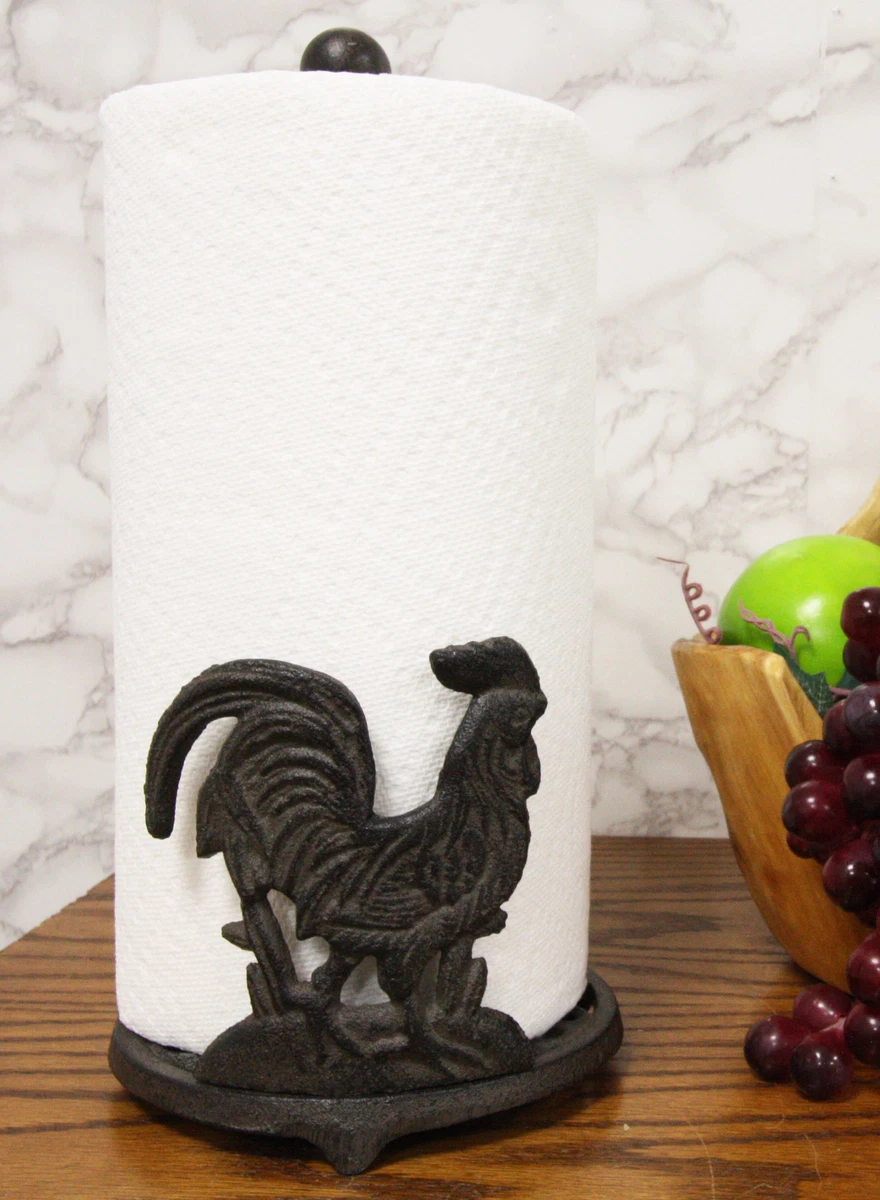 Cast Iron Rustic Rooster Chicken On Scroll Art Kitchen Paper Towel Holder Stand