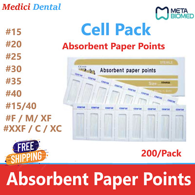 Dental Absorbent Paper Points CELL PACK Point, All Sizes, Meta Biomed,  200/Pack