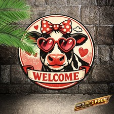 Welcome Hearts Pattern Round Metal Sign 8x8 Entryway Decor