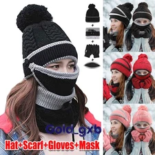 Men Women Winter Warm 4Pcs Set Knit Beanie Hat Cap Scarf Touch Screen Ski Gloves
