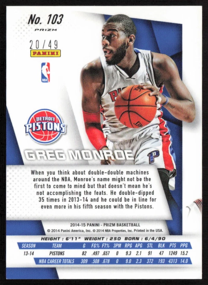 2014-15 Panini Prizm Prizms Red #/49 Greg Monroe #103 Detroit Pistons - Image 2 of 2