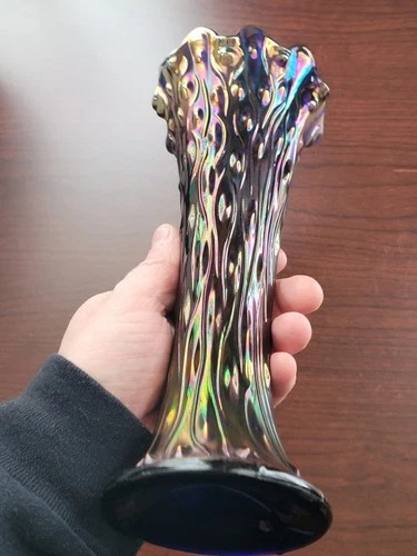 Pretty Dark Blue Northwood Carnival Glass Standard Size Tree Trunk Vase