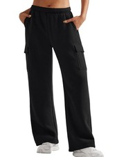 Sweatpants Womens Cargo Pants Fleece Lined Wide Leg Joggers Baggy Drawstring ...