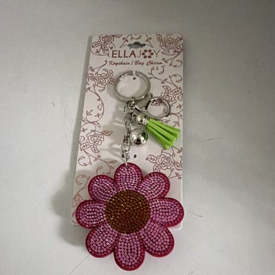 ELLA JOY Flower Key Chain Pink Green Silver Rhinestone Tassel Metal Floral
