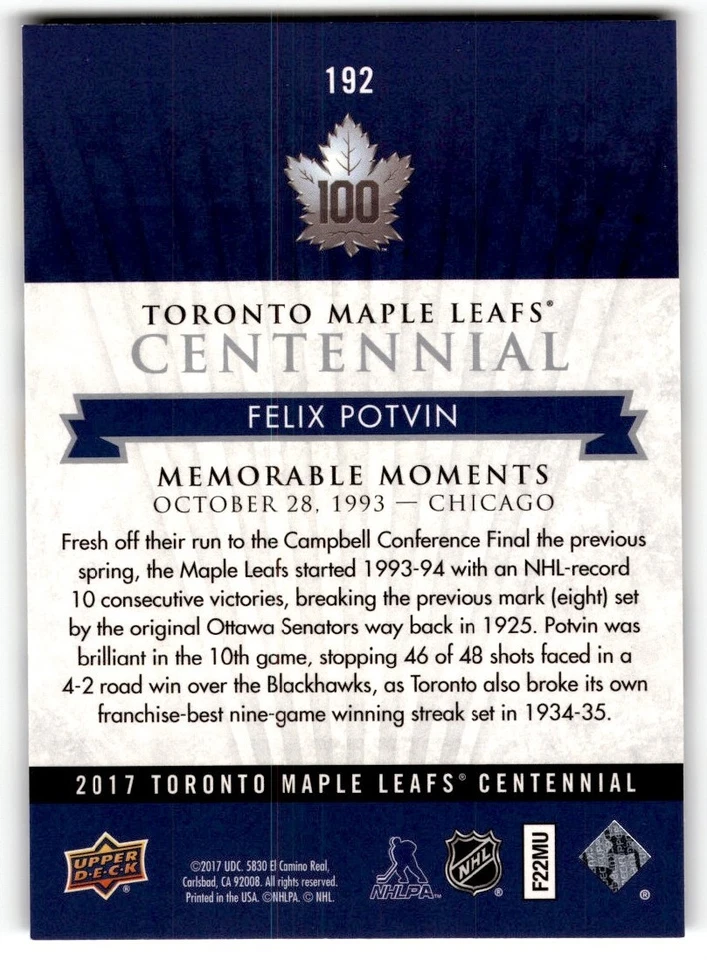 Felix Potvin 2017-18 Upper Deck Toronto Maple Leafs Centennial SP #192 - Image 2 of 2