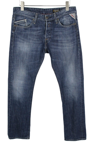 REPLAY Waitom Jeans Herren W33/L34 Fade Effekt Schnurrhaare Logo Button Fly blau