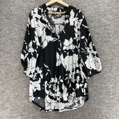 Heimish Blouse Women M Black Floral V-Neck 3/4 Sleeve Pullover Casual