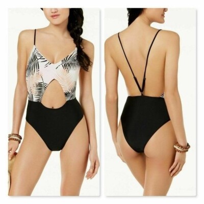 MINKPINK One Piece Swimsuit L Cut Out Isla Palm Tropical Black