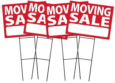 Large (18''x24'') Moving Sale - RED - Sign Kit with Stands - 4 Pack