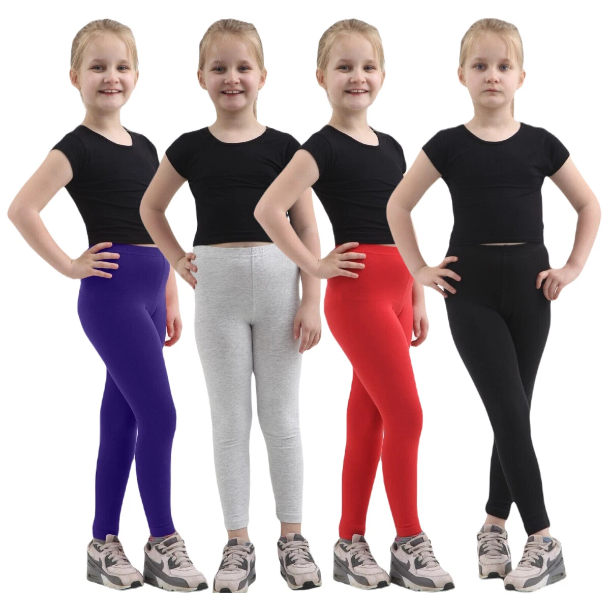 Girls Kids Childrens Plain Cotton Full Length Leggings Age 1-13 Black  +Colours