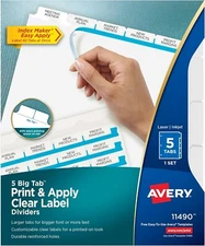 Avery 5 Big Tab Dividers for 3 Ring Binder, Easy Print & Apply Clear Label Strip