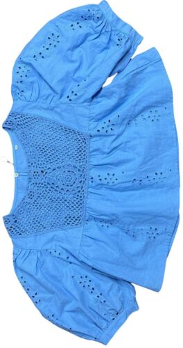 Women Crop Boho Blouse Size M Light Blue 100% Cotton Eyelet Crochet Puff Sleeves - Picture 3 of 13