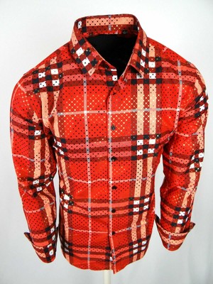 Red-ish Orange Plaid Shirt Mens Slim 