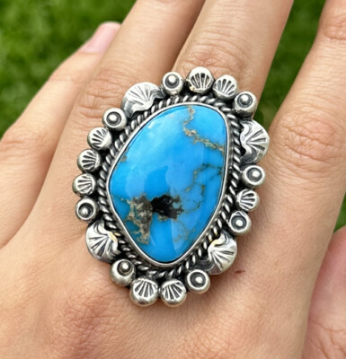 Native American Sterling Silver Turquoise Adjustable Ring. KY | eBay