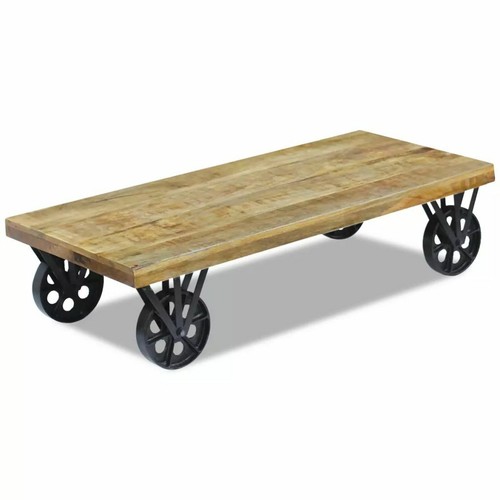 industrial low Coffee Table with Wheels Solid Mango Wood living room - Picture 2 of 5