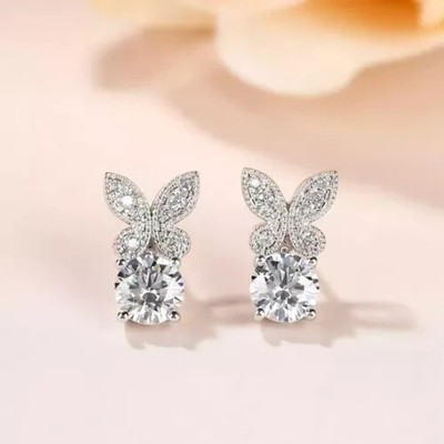 Beauty Butterfly Stud Earrings Round Cut Simulated Diamond 14K White Gold Over