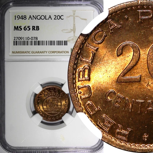 Angola Bronze 1948 20 Centavos NGC MS65 RB 300th Anniversary Revolution KM#71(8)