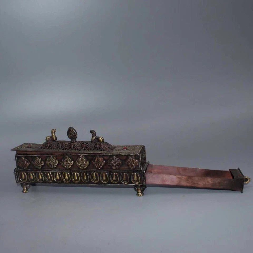 Antiguo quemador de incienso chino budista tibetano rojo bronce hecho a mano Foto 3 de 4