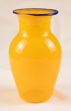 Very Early, 1994 JOHN MILLER Art Glass Hand Blown Yellow & Blue Vase, Signed