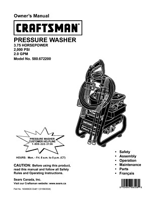 #ad #ad Owners Manual amp; Parts List Craftsman 2000 PSI Pressure Washer Model 580.672200 $19.95