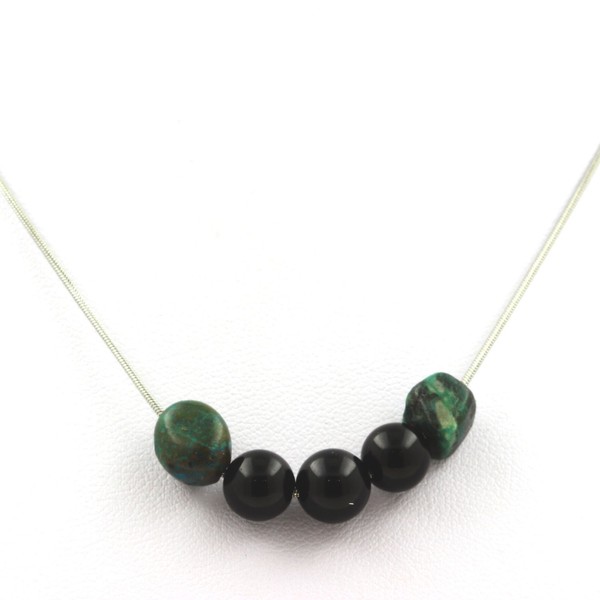 Halskette Perlen Schwarze Achat 8 Mm + Chrysokoll Aus Den Usa Edelstahlkette-image