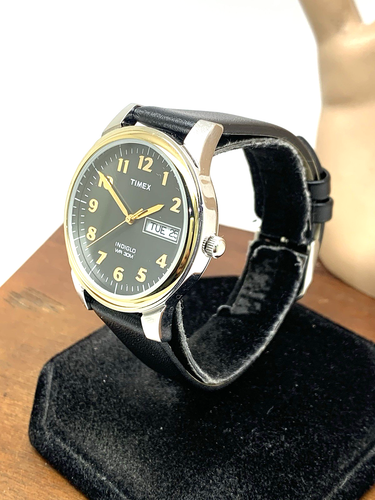 Timex Reloj Hombre T2N093 Cuarzo Indiglo Esfera Negra Día Fecha Correa Cuero 35mm - Imagen 2 de 13