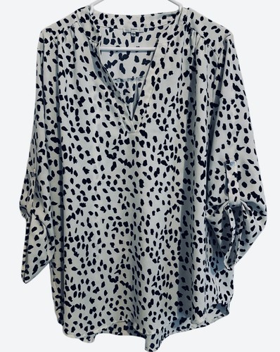 JODIFL Women Large White Blouse Black Animal Spots Long Sleeve Flowy Top Shirt