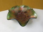 Vintage Fenton Stippled Rays Carnival Glass Ruffled Bowl Iridescent Green