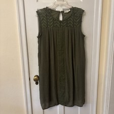 Indigo Rose Dress Womens Earthy Green Crochet Knit Crinkly Sleeveless Boho L