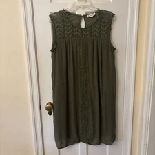 Indigo Rose Dress Womens Earthy Green Crochet Knit Crinkly Sleeveless Boho L