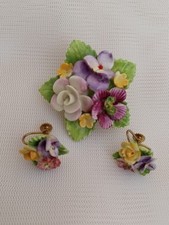 Vintage Dorothy Ann China Flower Brooch & Earrings